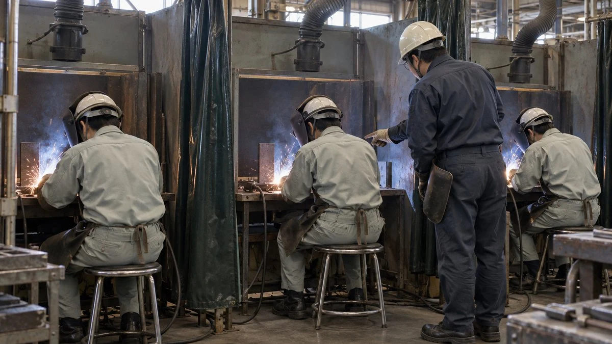 造船技術の研修で溶接を練習する新入社員の後ろ姿