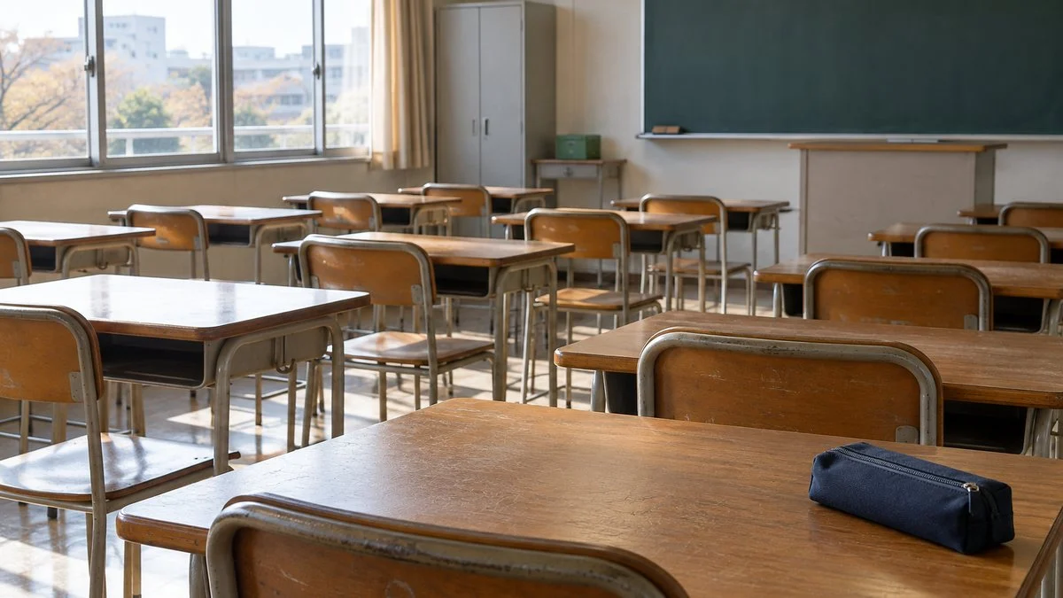 受験用の筆箱を置いた静かな試験会場の教室