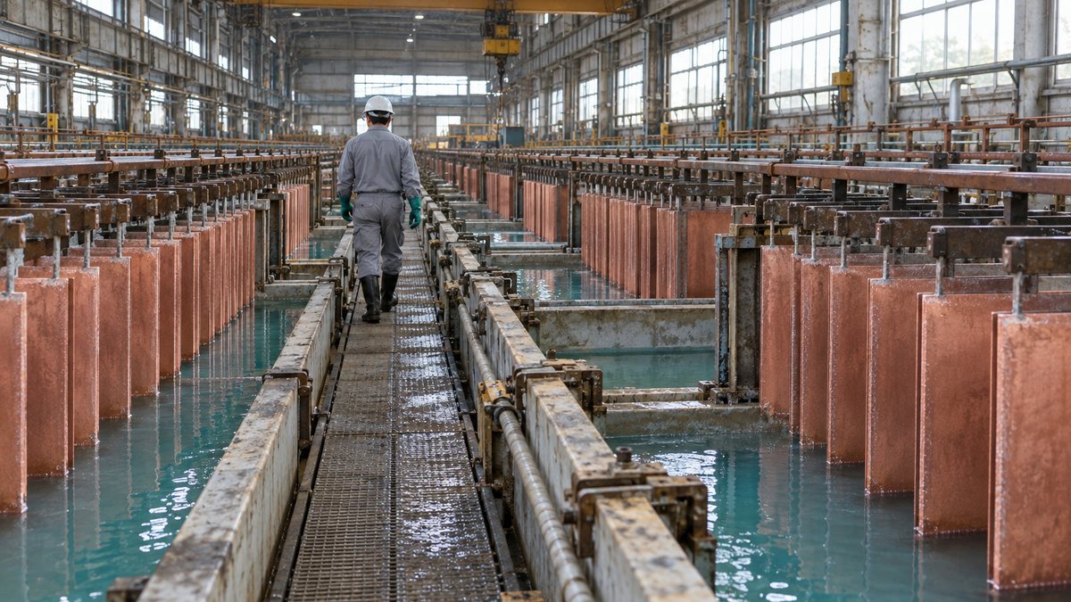 銅の電解工場で電解槽の列と銅板の間の通路を歩く作業者