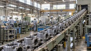 部品が流れる工場の生産ラインを低い位置から見た様子