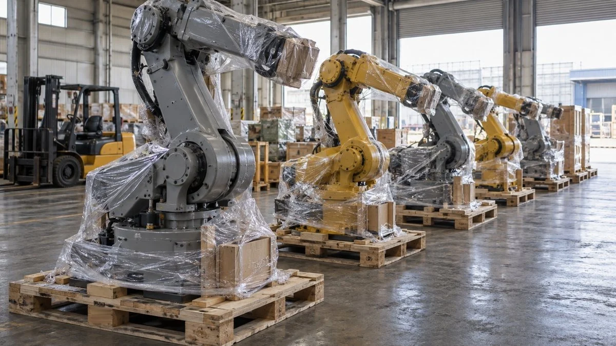 出荷エリアにパレット梱包で並ぶ新品の産業用ロボットアーム