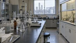化学工場の品質管理室の実験台とドラフト、窓の外のプラント