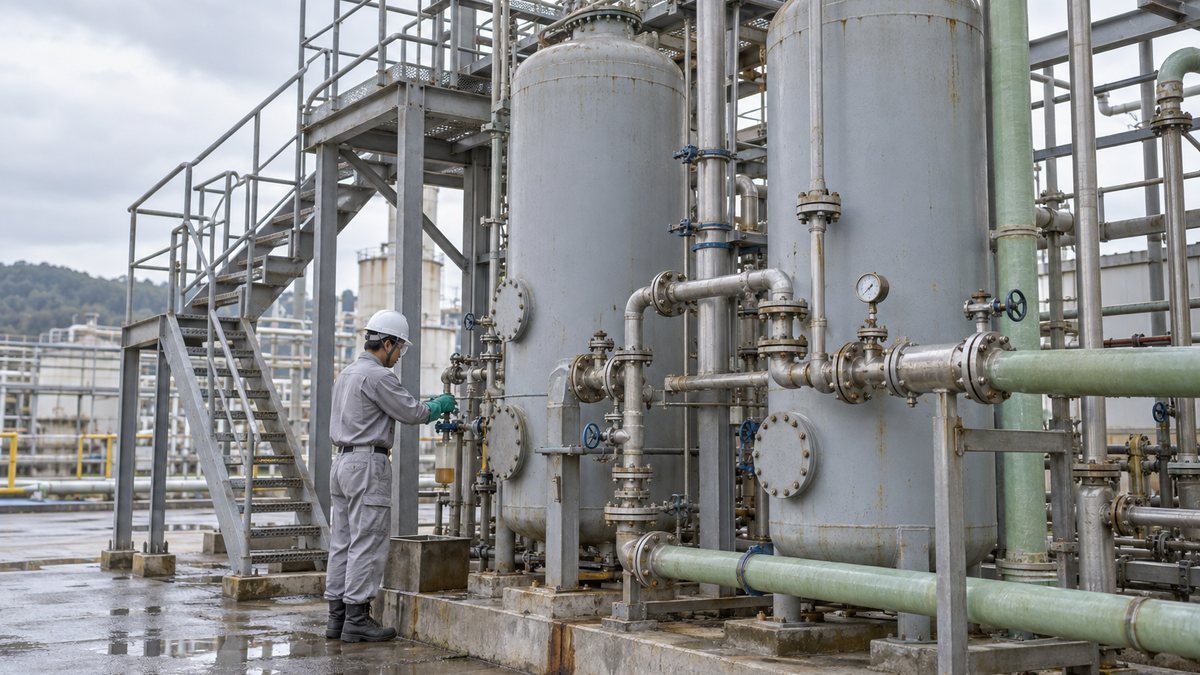 塩水を精製する樹脂塔の配管で弁を確かめる作業者