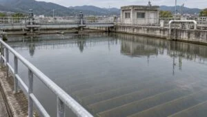 傾斜板が並ぶ浄水場の沈殿池を通路の手すり越しに見た全景