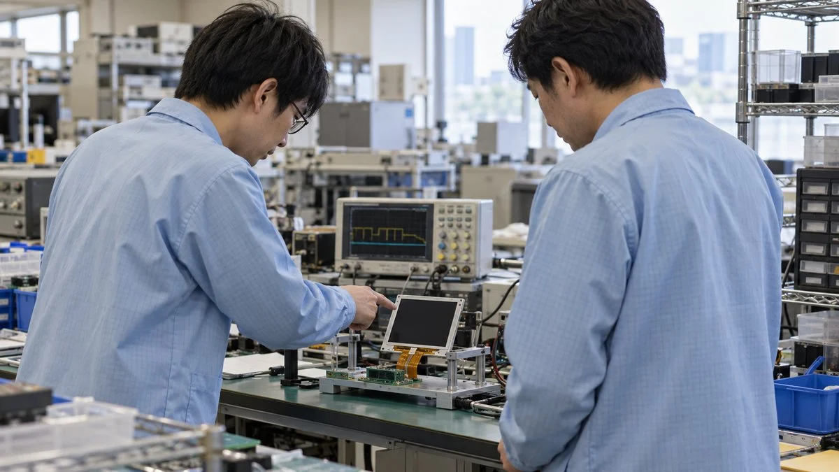 試験治具につないだ小型ディスプレイを確認する開発エンジニア