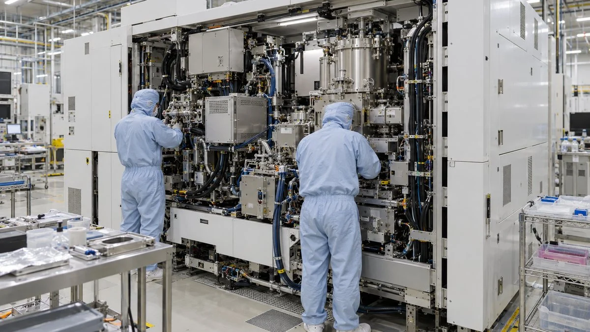 半導体製造装置の内部を調整するクリーンウエア姿の技術者