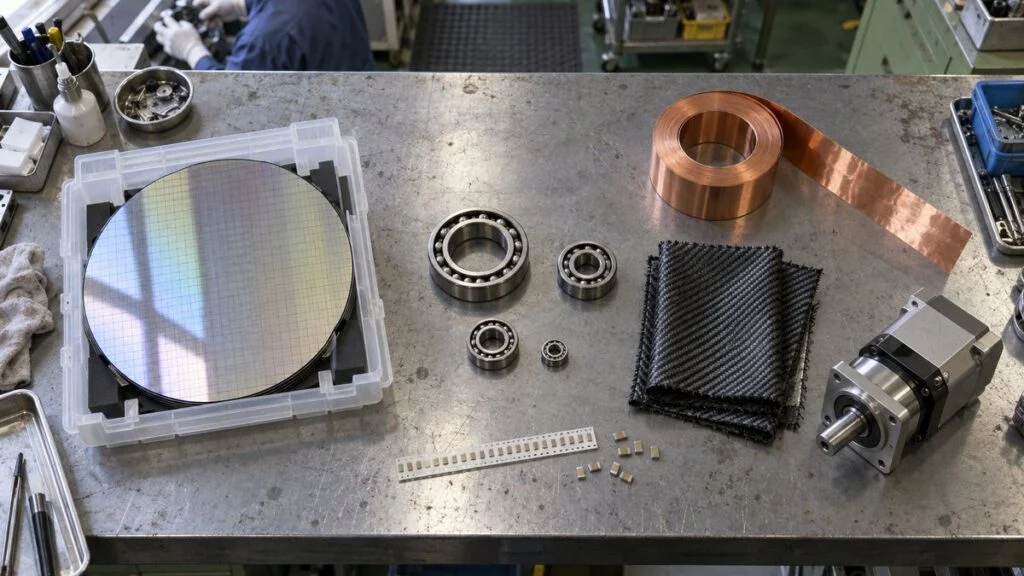 作業台に並ぶシリコンウエハー・ベアリング・銅箔・炭素繊維・減速機