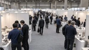 展示会場で小さなブースを囲んで話す来場者と出展者