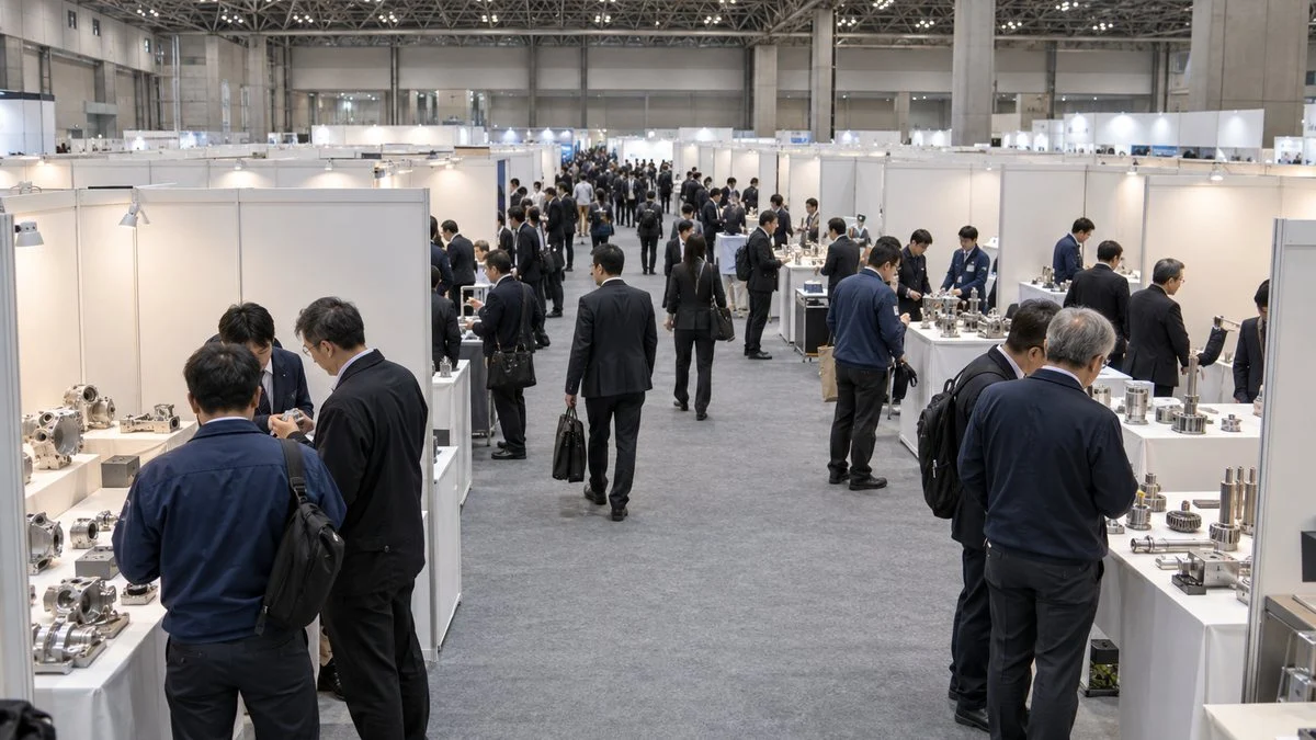 展示会場で小さなブースを囲んで話す来場者と出展者