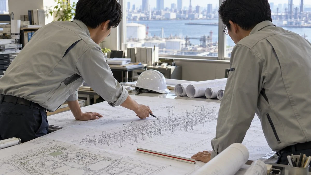 配管図面を囲んで打ち合わせをするプラントエンジニア