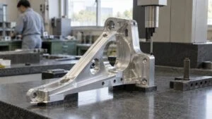 定盤の上で測定子を当てて検査する航空機用アルミ部品