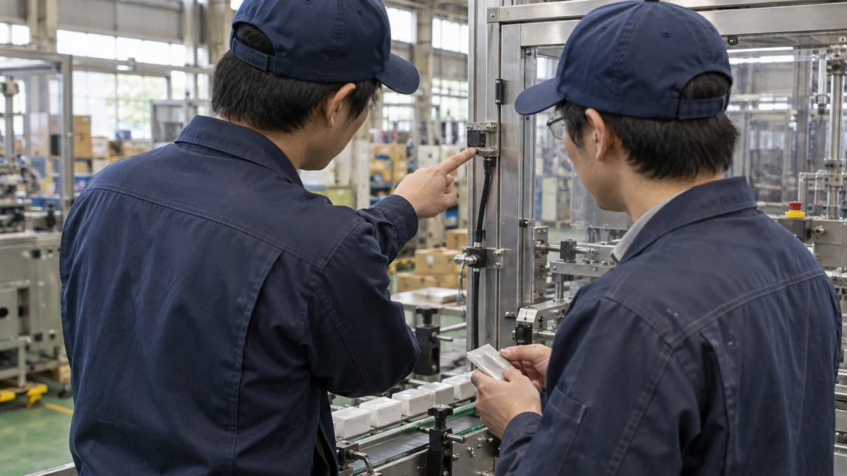 包装機のセンサの取り付け位置を確認する2人の作業者