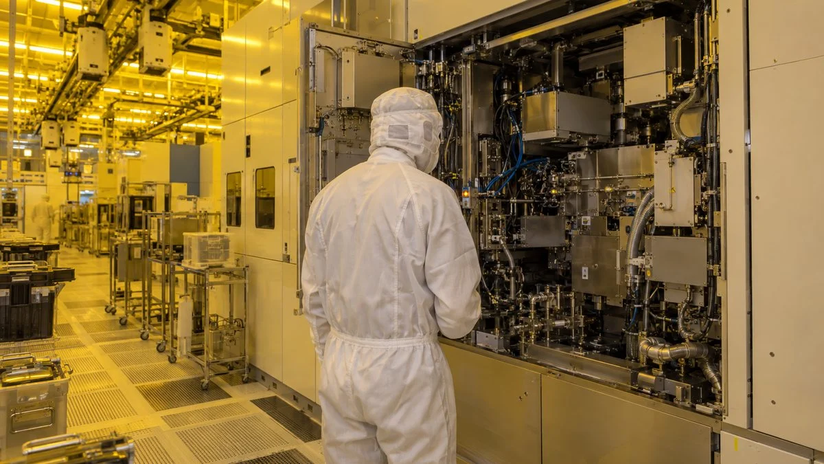 クリーンルームで製造装置の内部を点検する技術者の後ろ姿