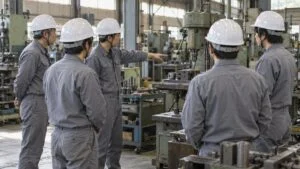 始業前に工作機械の前で輪になり指差し確認する作業者たち