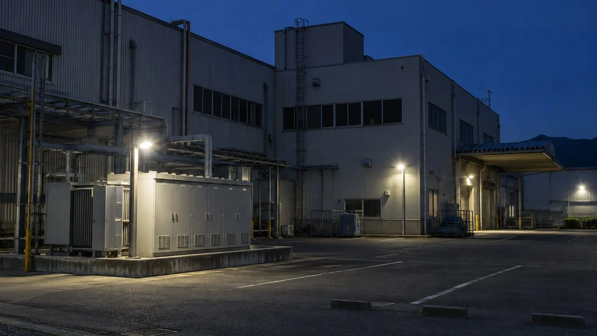 操業を終えた夜間の工場と屋外キュービクル