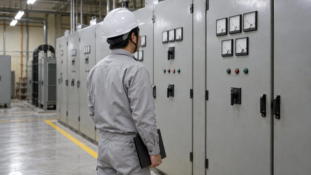 電気室で高圧配電盤を確認する保全担当者の後ろ姿