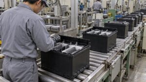 鉛蓄電池の組立ラインで極板を収めた電槽を確かめる作業者
