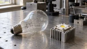 白熱電球の線条と放熱器に載せたLED素子