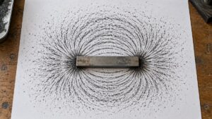 棒磁石のまわりに砂鉄が描く磁力線の模様