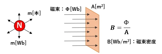 m[Wb]の磁極からm本の磁束が出て、面積Aを通る磁束Φから磁束密度B＝Φ/A