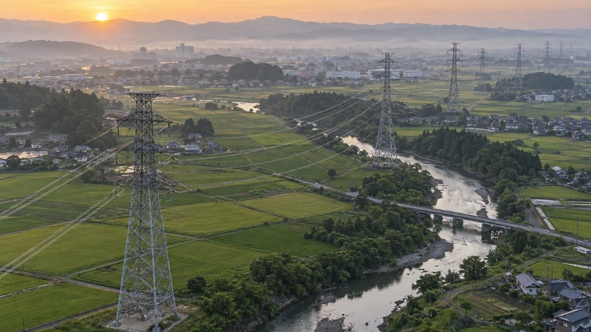 田園地帯を横切る送電鉄塔と送電線の俯瞰