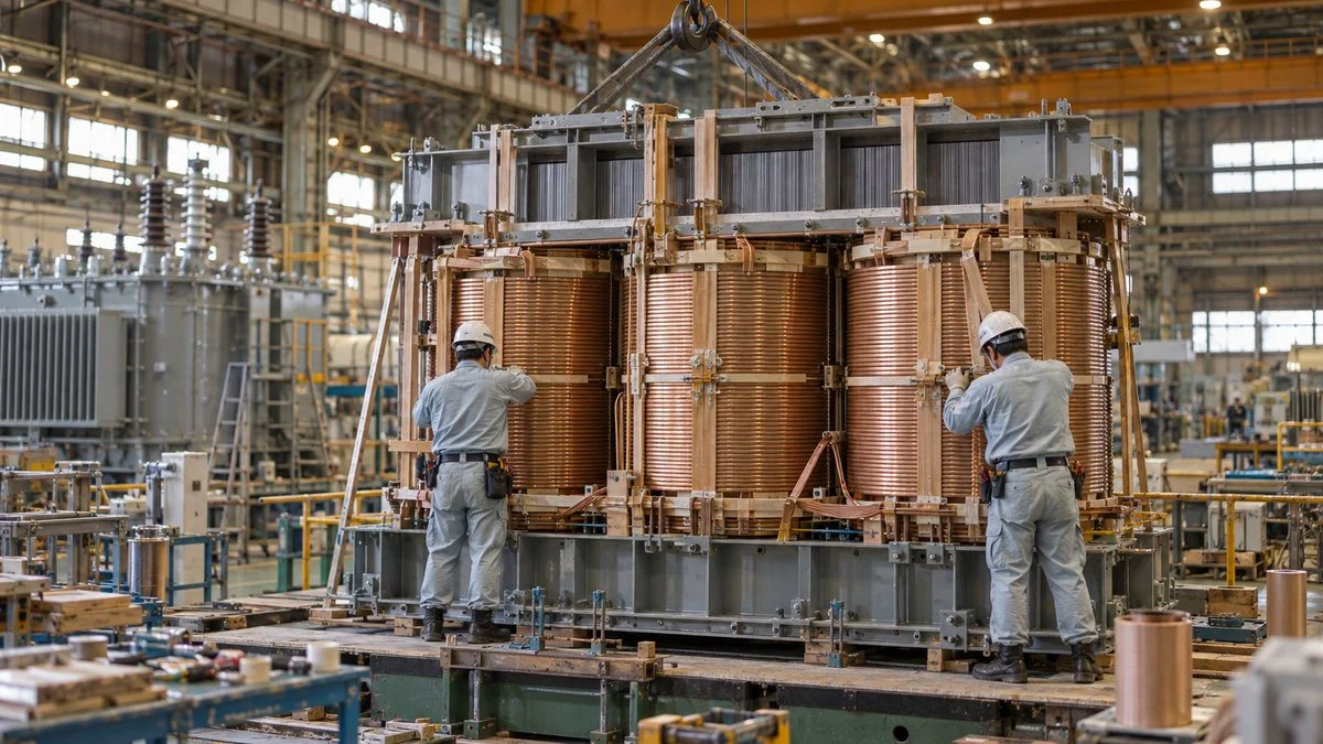 変圧器工場で巻線コイルを組み立てる作業者