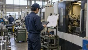 CNC機の横でタブレットと紙の図面を見比べる作業者
