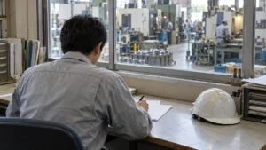 工場の事務所の机で書類を見直す作業服の担当者の手元