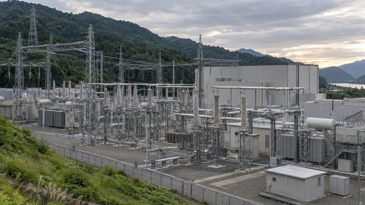 山あいに広がる高電圧の変換所・変電設備