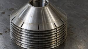 遠心分離機に使われるステンレス製の分離板の接写
