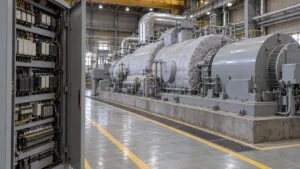 タービン建屋の蒸気タービン発電機と扉を開けた保護継電器盤