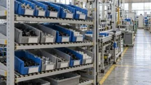 部品箱にカードが差された工場の部品棚