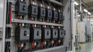 分電盤の中に2段に並ぶ配線用遮断器と漏電遮断器