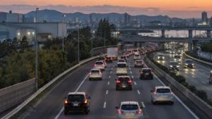 夕暮れの高速道路を走る乗用車の列を後方から見た様子