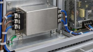 金属取付板へ固定したノイズフィルターと電源装置のイメージ