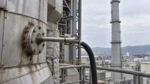 ボイラー煙道の測定口に差し込まれた排ガス分析計の採取プローブと煙突