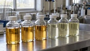 分析室のステンレス台に並ぶガソリンと軽油の試料瓶