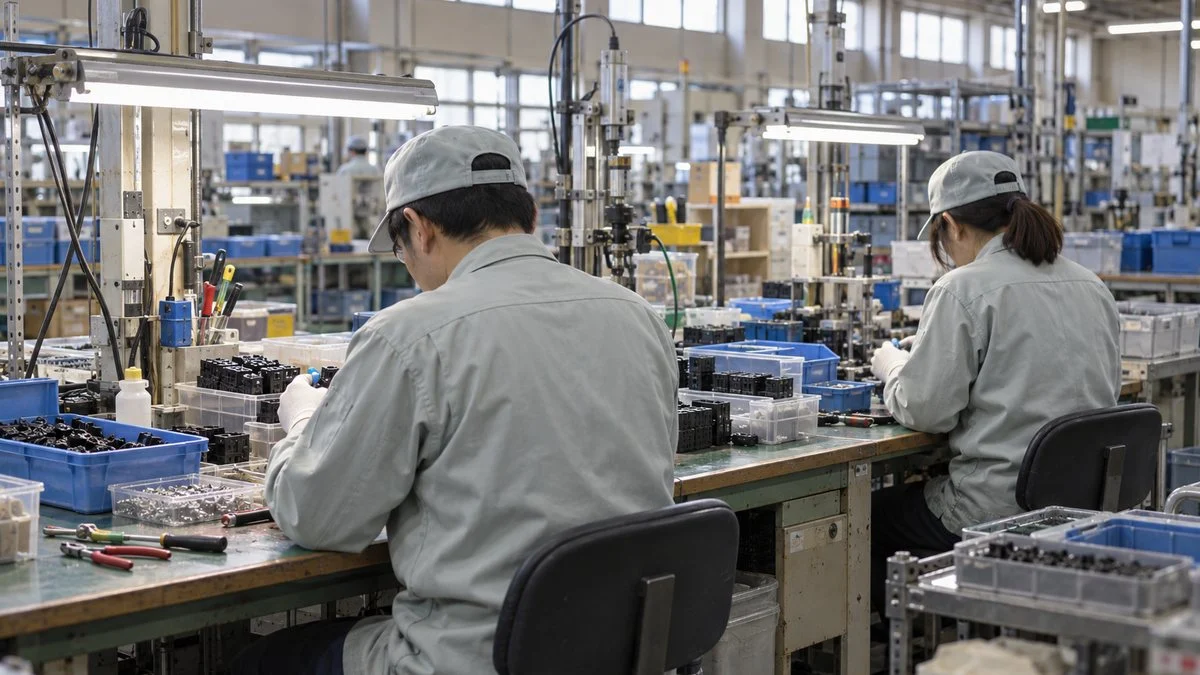 作業台で小物部品を組み立てる工場の従業員