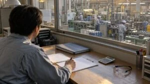 工場の事務所から製造ラインを見ながら書類を確認する担当者