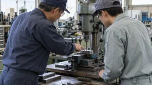 卓上ボール盤の前で新人に手元を示して作業を教える先輩