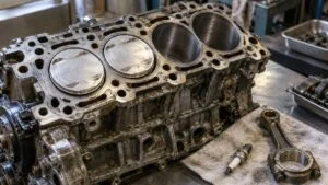 シリンダーヘッドを外したガソリンエンジンのピストンとシリンダー