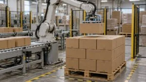 段ボールをパレットに積み付ける産業用ロボット