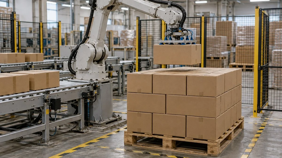 段ボールをパレットに積み付ける産業用ロボット