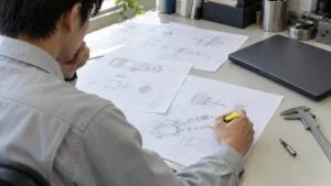 図面入りの資料に蛍光ペンで印を付ける技術者の手元