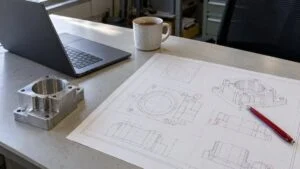 設計者の机に広げた機械図面と赤ペン、ノートPCと加工部品