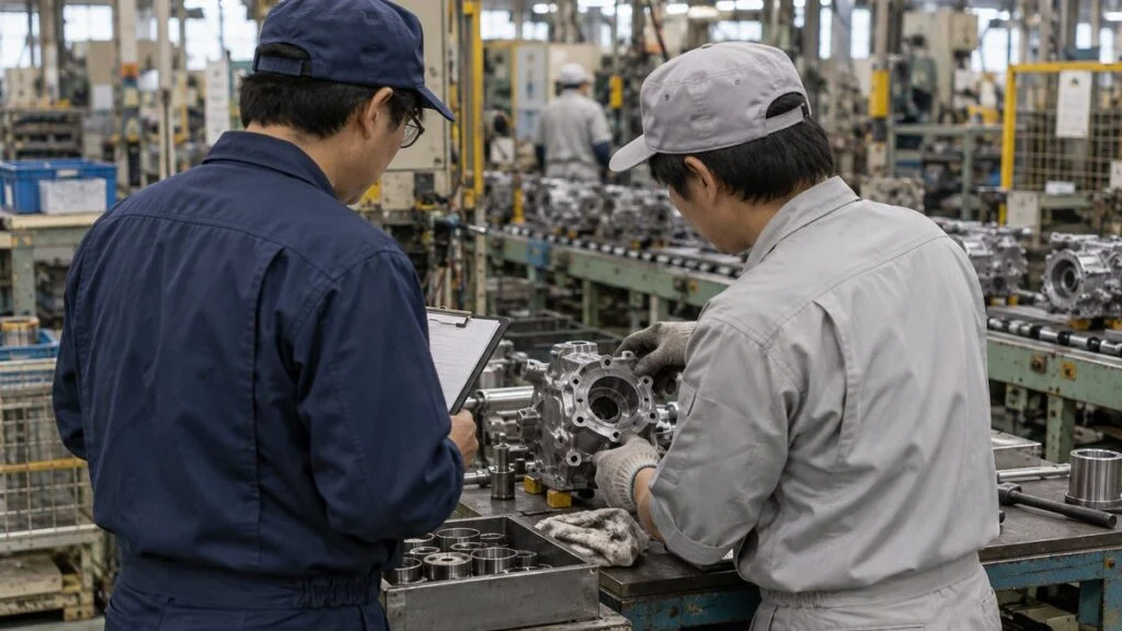 加工部品を一緒に確認する設計と製造の担当者