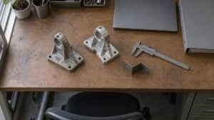 試作ブラケットと旧版の部品、ノギスが並ぶ設計者の机