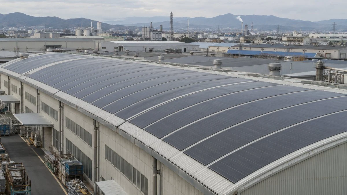 工場の金属屋根に敷かれたフィルム型太陽電池