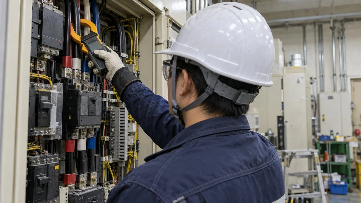 クランプメーターで盤内の電流を測る保全担当者