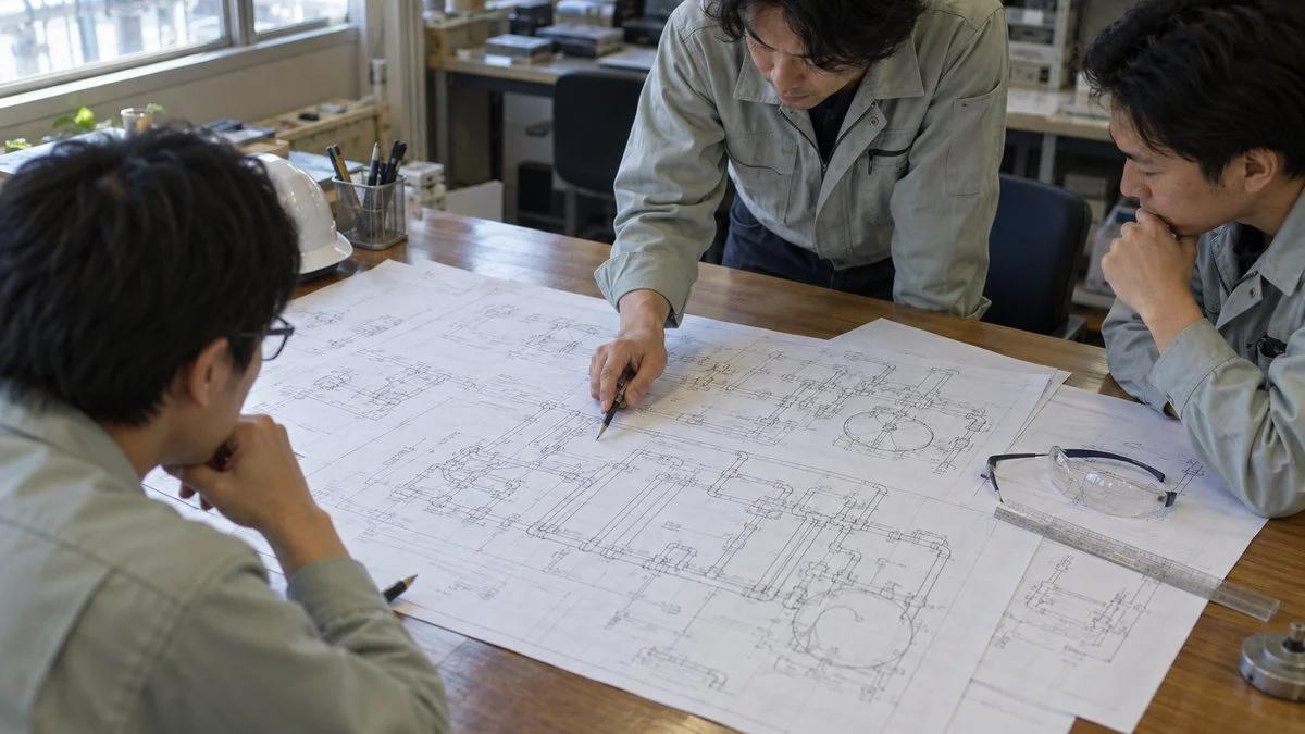 机に広げた配管計装図を囲んで確認する技術者